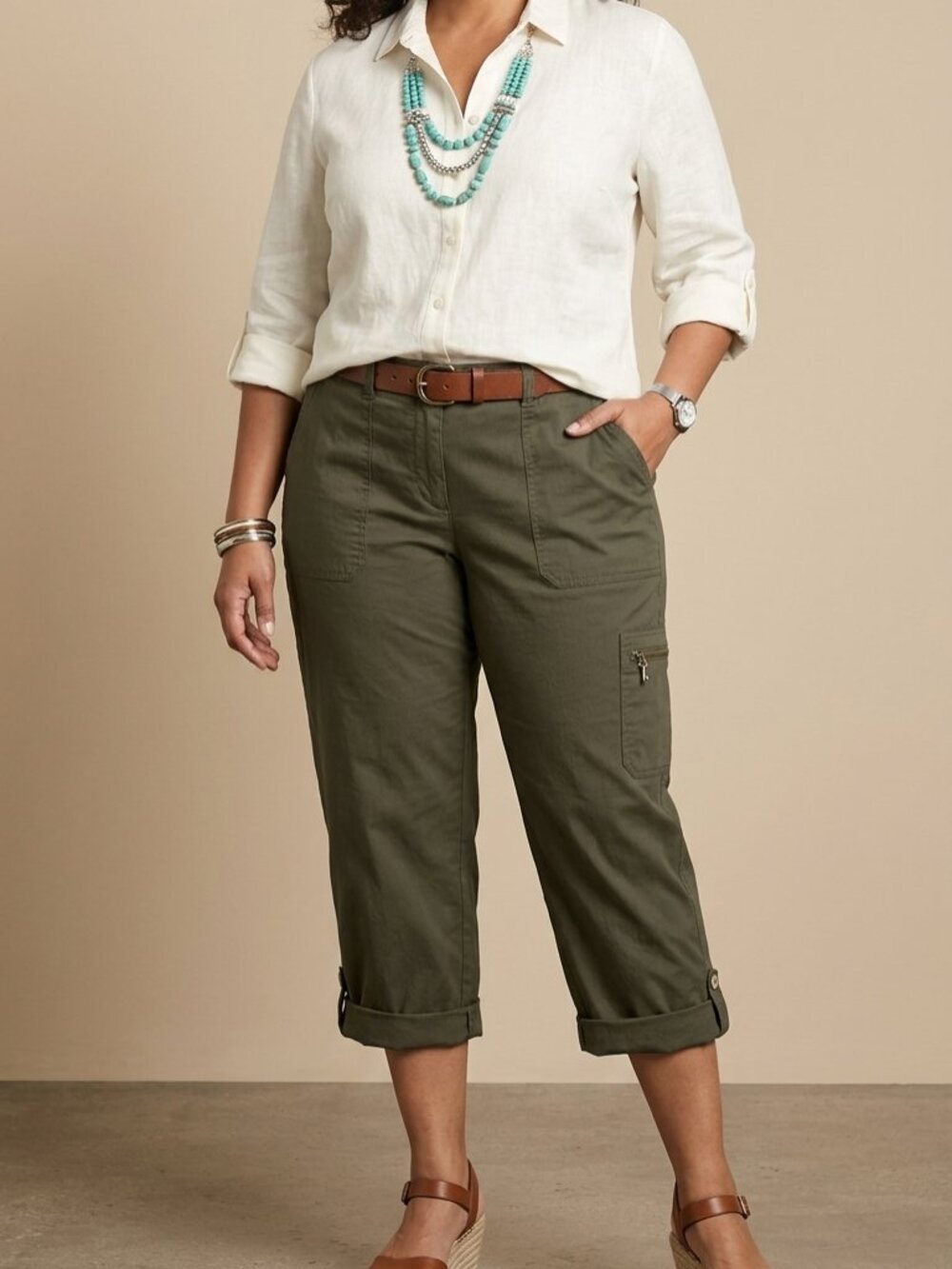 Chico's Women's Size 20 Olive Green Utility Cargo Cropped Pants